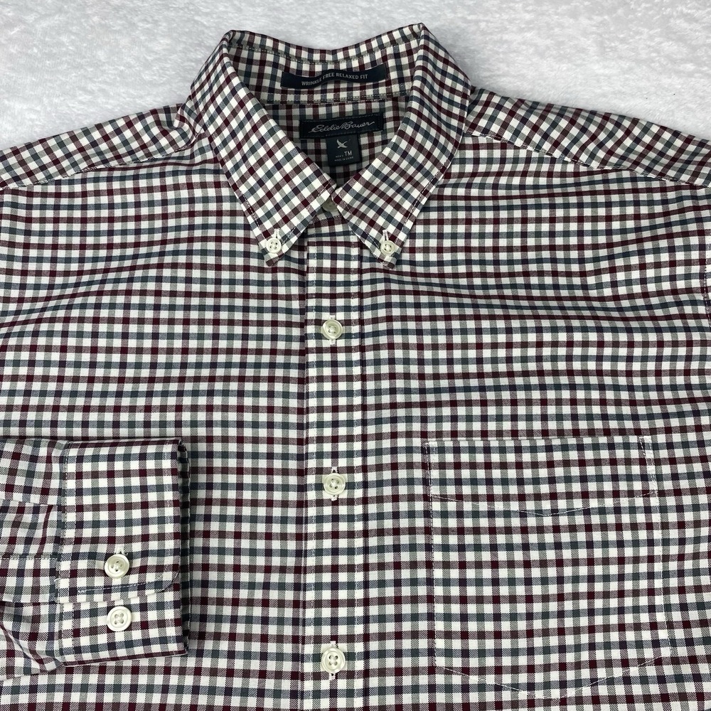 Eddie Bauer Shirt Mens Tall Medium Burgundy/Green Check Wrinkle Free Relaxed Fit